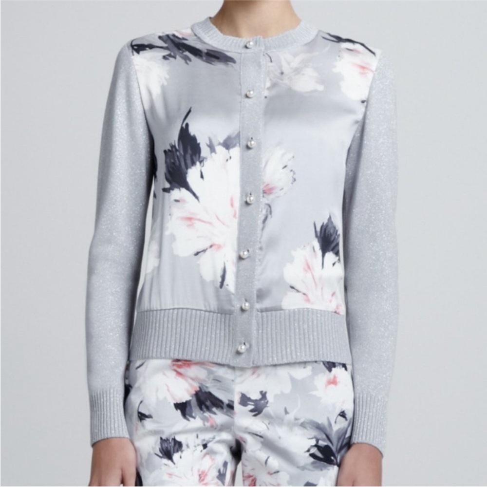 St. John Silk Floral Shimmer Cardigan Sweater, Size Small
